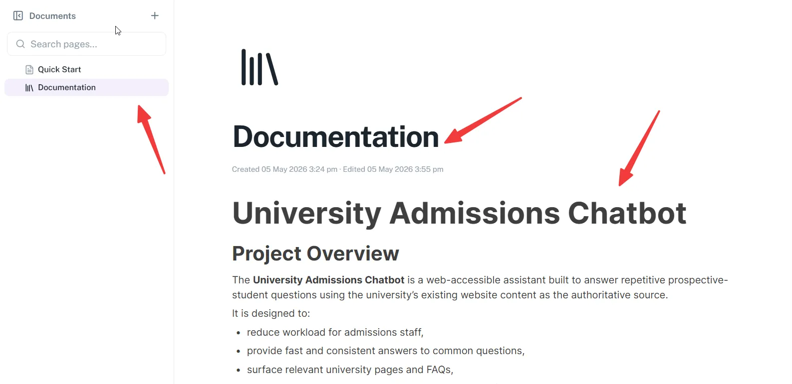 Annotated screenshot of a doc page showing the sidebar page tree on the left, the page header with title and cover, and the block editor content area
