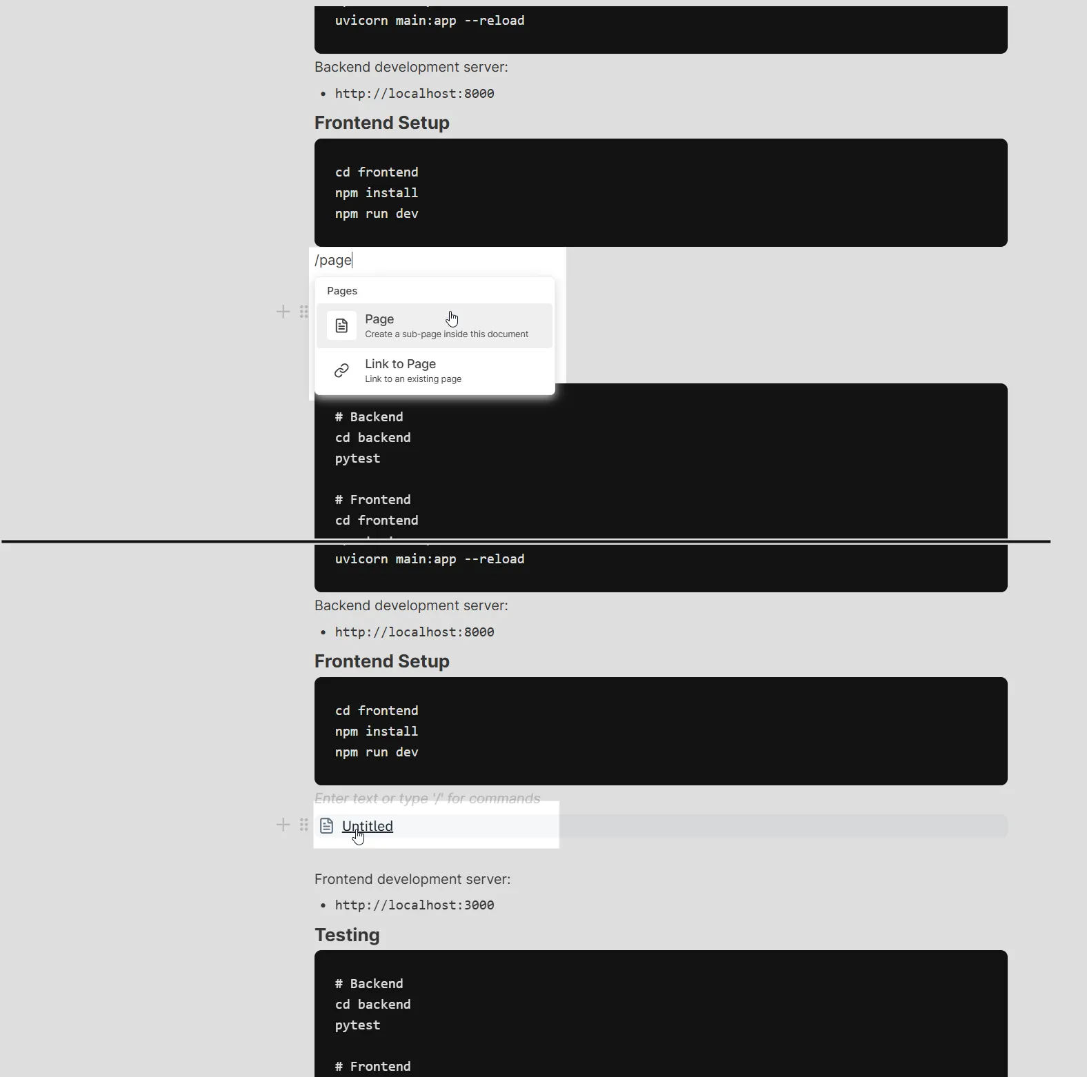 Slash menu with the Page item selected, creating a child page embedded inline in the editor