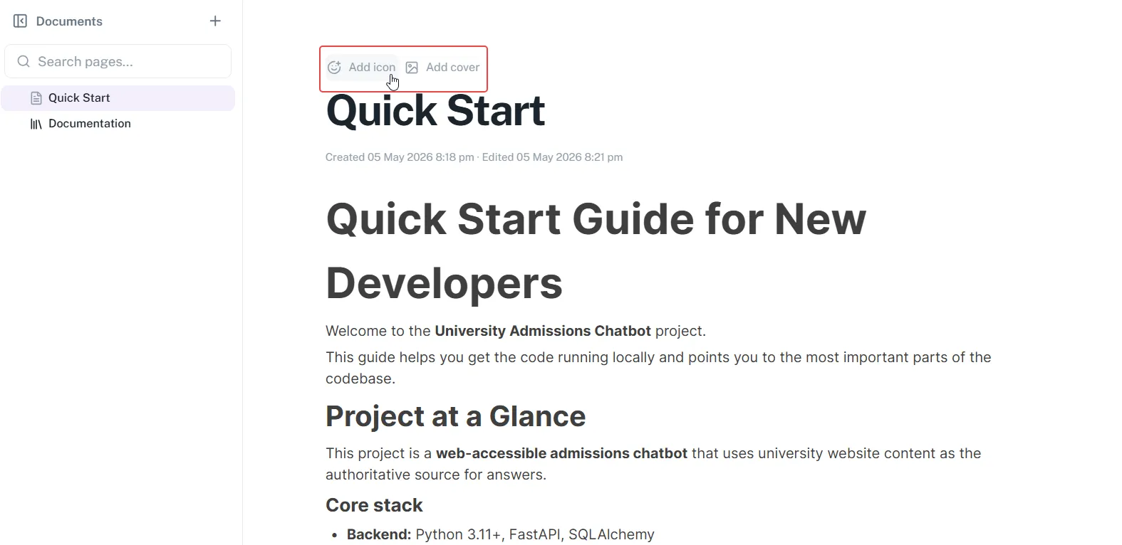 Page header area showing the Add cover and Add icon buttons appearing on hover above the title