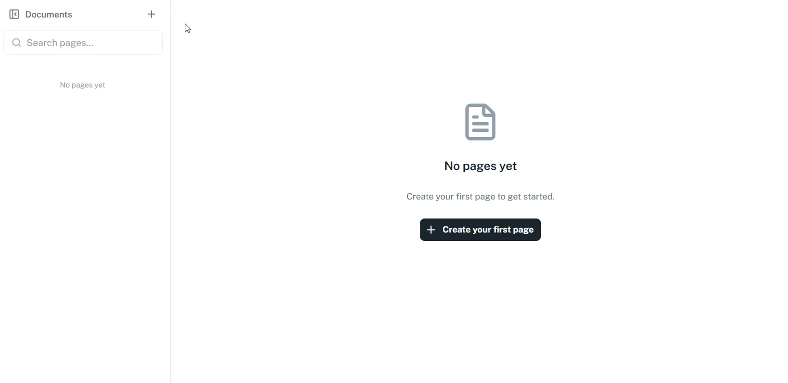 Empty state screen with a Create your first page button in the center