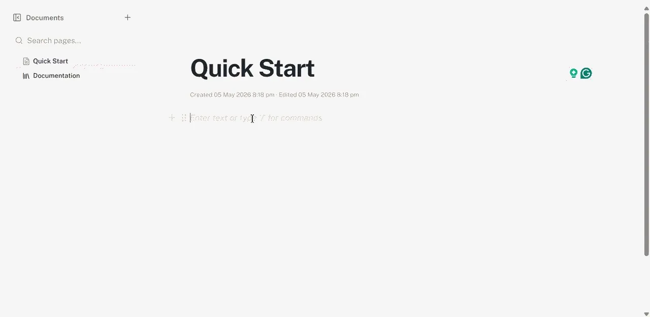 Animated walkthrough of Help Me Write: slash menu opened, item selected, prompt entered, scope chosen, pages attached, content generated and inserted into the editor