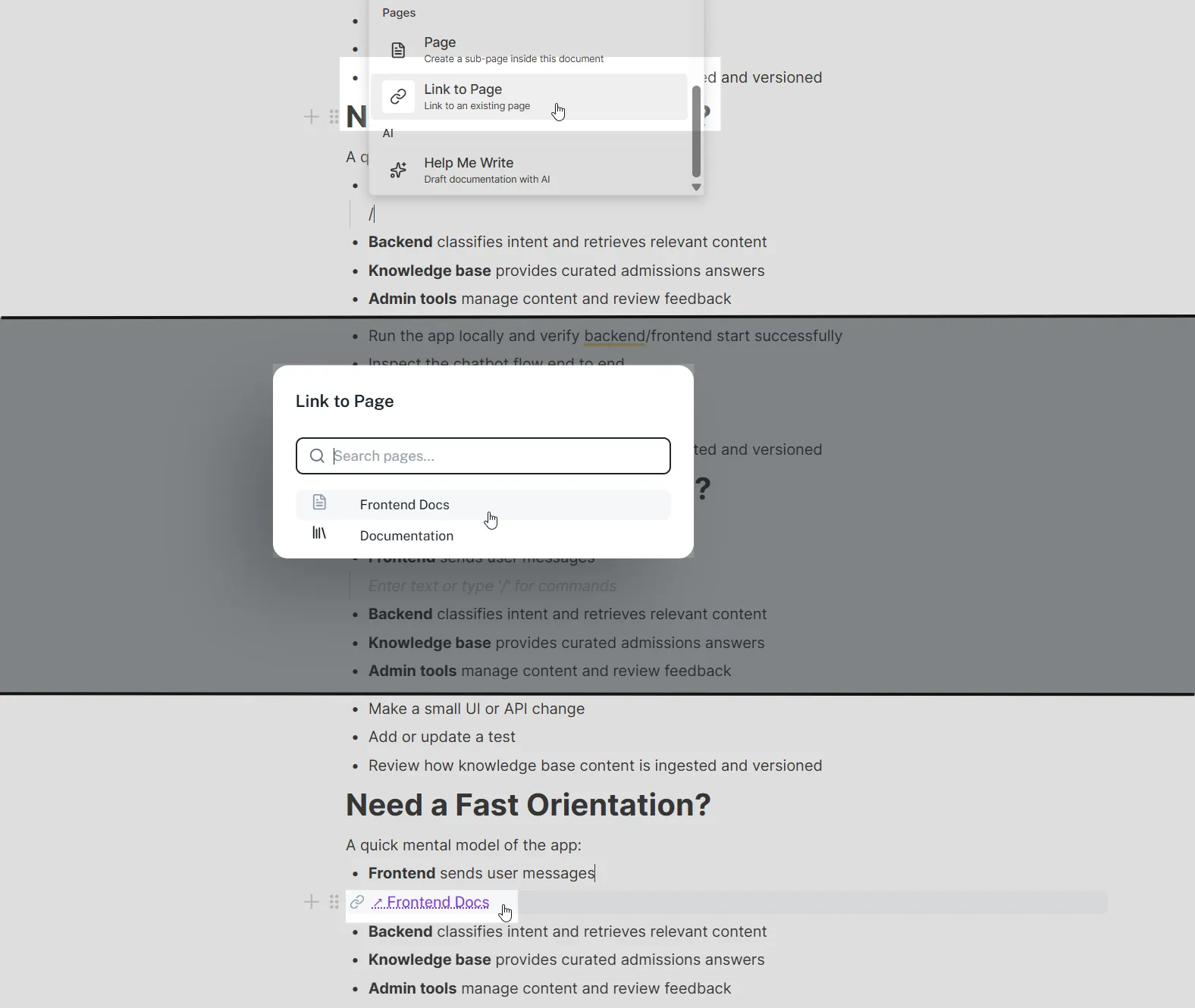 Page link picker dialog open with a search field and list of pages to link to
