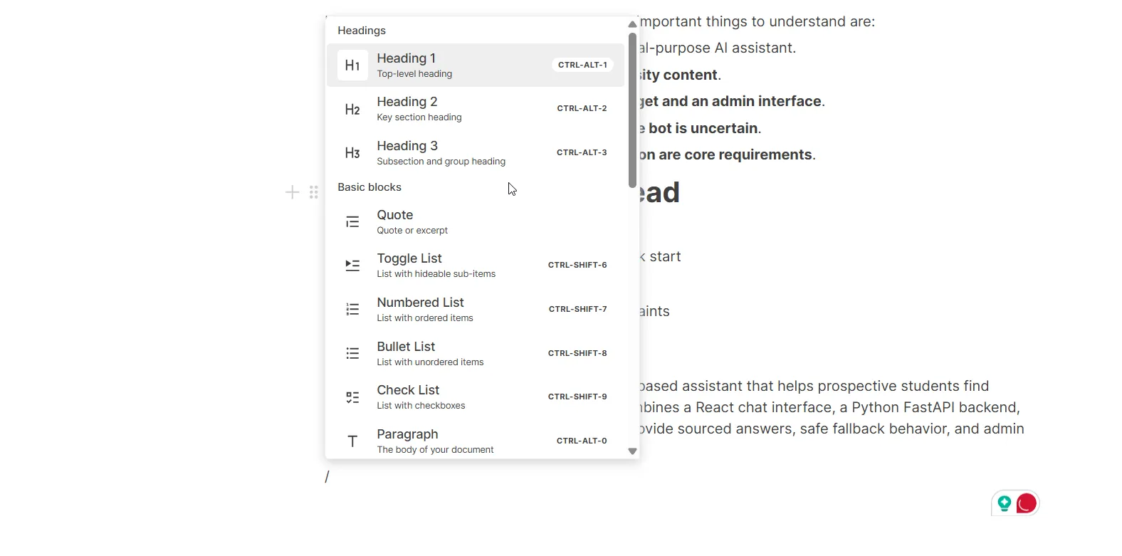 Slash command menu open in the editor showing all available block types including headings, lists, code, image, file, page, and AI options